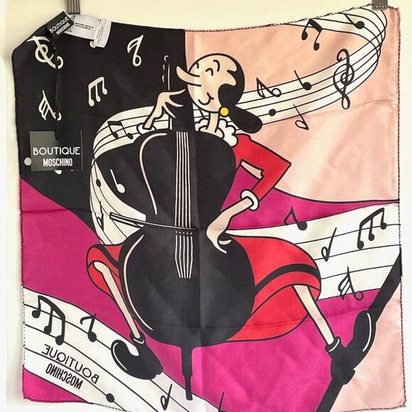 Moschino Scarf Silk Womens Square Olive Oyle Bass Popeye Collection 19x19 Italy - Picture 2 of 6